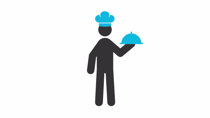 Presenting a meal chef stickman animation silhouette. Serving dish person. Food service, waiter restaurant. Simple human stick figure. Solid glyph pictogram HD video. Dynamic person movement