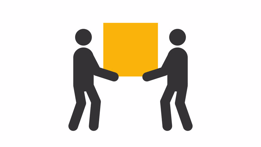 Two person lifting parcel stickman animation silhouette. Heavy package, transportation service. Manual handling. Simple human stick figure. Solid glyph pictogram HD video. Dynamic person movement