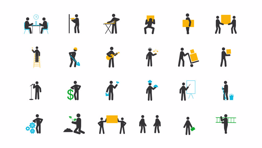 Different types of common worker stick figures glyphs animation set. Manual labor, office employees. Construction workers. Animated stickman icon pack. Black solid pictograms motion