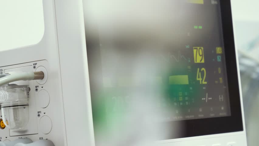 Anesthesia Machine Monitor Measuring Parameters During Surgery. Close up
