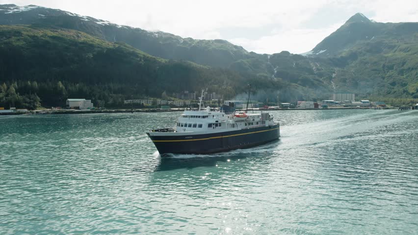 Pull out aerial shot of a boat leaving it