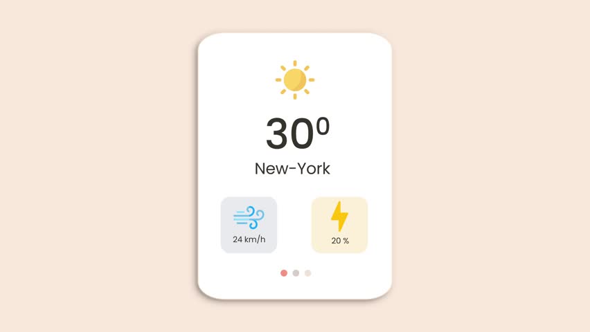 Animated Weather Forecast Widget UI showing Sunny Day in New York with Temperature and Wind Metrics.
