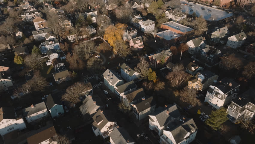 Aerial view of homes in Providence, Rhode Island. Shot on an autumn morning.