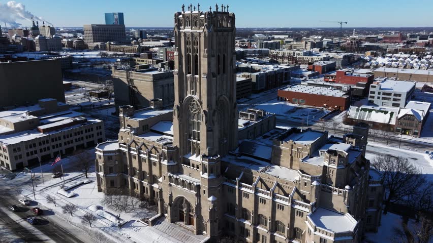 Aerial Pullback Reveals Scottish Rite Cathedral in Downtown Indianapolis. Urban Church