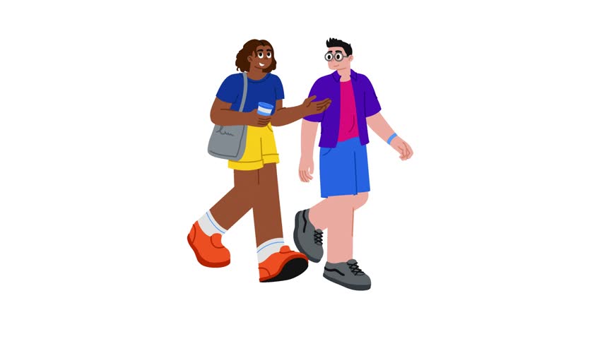 Diverse young people walking side by side interacting happily while one holds a cup and extends a hand toward the other symbolizing connection and friendship during a shared casual outdoor moment.