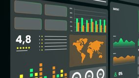 Perspective view of a digital dashboard featuring a golden world map and various financial data charts for global trade. - Powered by Shutterstock - Get 15% off with code: PIKWIZARD15