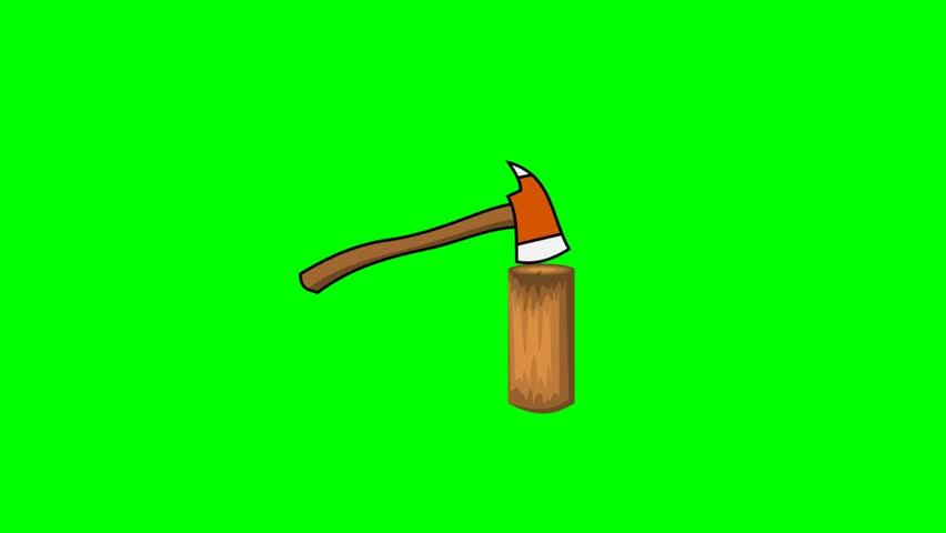 Axe chopping wood log animation on green screen. Woodcutter tool work.