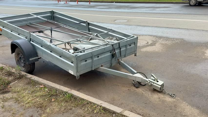 Closeup Of Worn Trailer Parts, Detail View Of Aged Trailer With Rusted Components And Hitch, Close Examination Of Weathered Trailer Showing Corroded Parts And Worn-out Taillight.