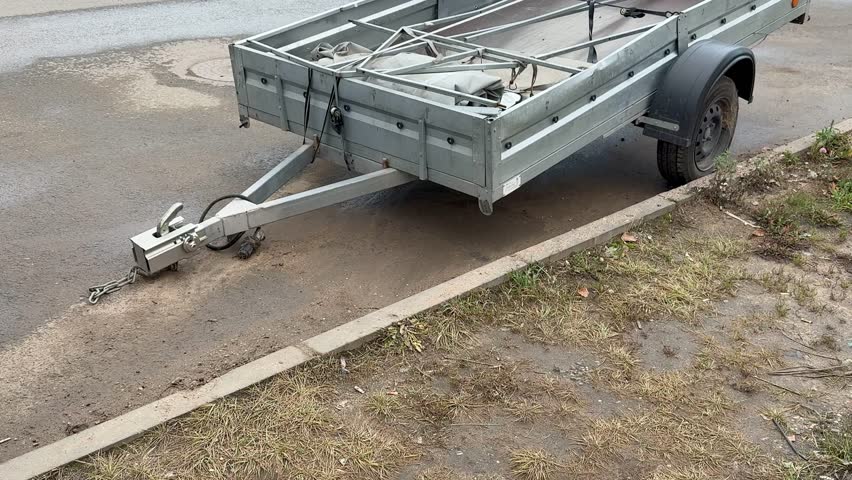 Closeup Of Worn Trailer Parts, Detail View Of Aged Trailer With Rusted Components And Hitch, Close Examination Of Weathered Trailer Showing Corroded Parts And Worn-out Taillight.