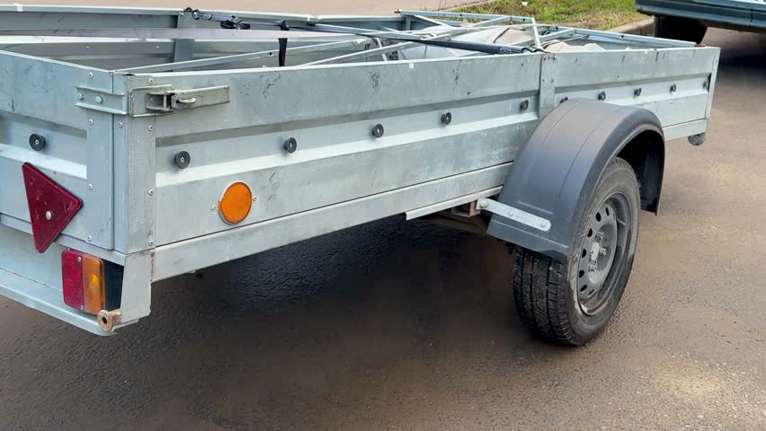 Closeup Of Worn Trailer Parts, Detail View Of Aged Trailer With Rusted Components And Hitch, Close Examination Of Weathered Trailer Showing Corroded Parts And Worn-out Taillight.