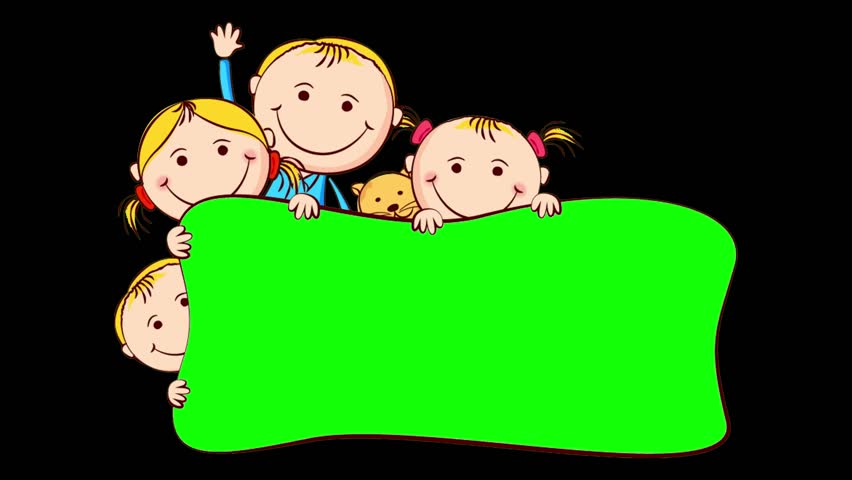 Cartoon animation of a group of happy, diverse children smiling and peeking over a large green screen banner. This playful horizontal billboard features a chroma key placeholder.
