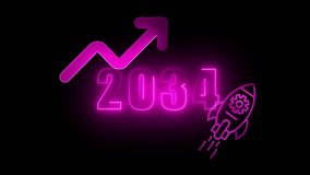 Neon pink 2034 year with upward trending graph and rocket ship on black background glowing - Powered by Shutterstock - Get 15% off with code: PIKWIZARD15