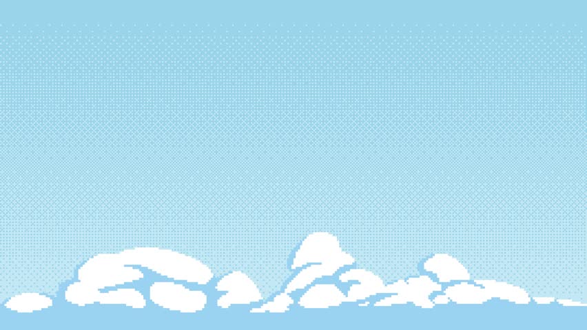 Seamless looping animation of pixel art clouds (or snow drifts) moving horizontally over a dithered blue sky gradient. The open central space is perfect for game menus, text, or UI in side-scroller projects.