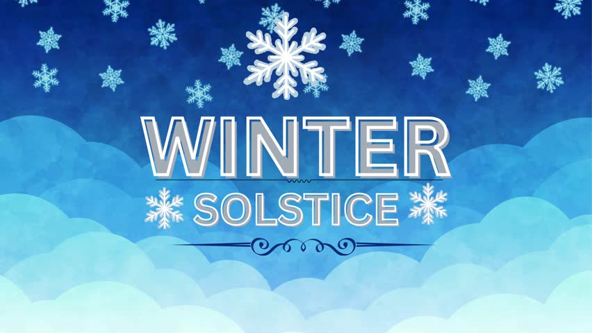Winter Solstice Typography Design with Snowflake Pattern and Blue Gradient Background