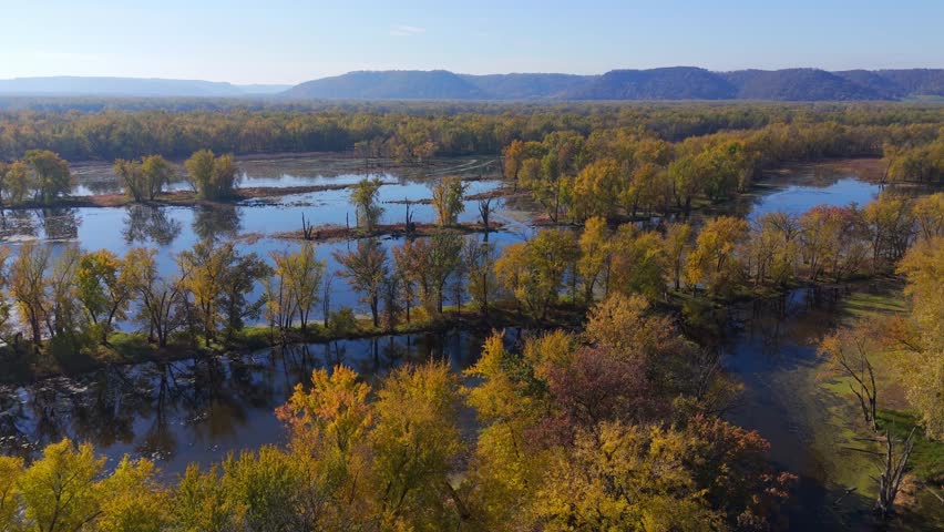 Autumn sun lights forested islands along the Mississippi River floodplain.