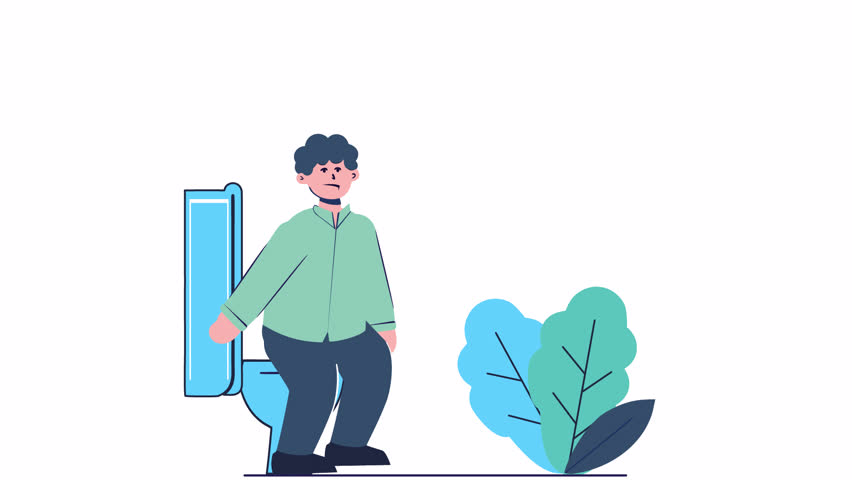 Man sitting on a toilet in a restroom. Fart animation, alpha channel. Cartoon