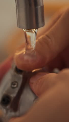 Under the kitchen sink, hands meticulously wash a small metal component with precision using running water, highlighting the importance of cleanliness during maintenance tasks