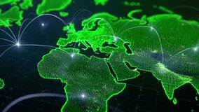 High-tech animated global network visualization featuring a green digital world map with glowing connection lines and nodes. Futuristic data flow, global communication, internet connectivity, artificial intelligence, and worldwide technology concept. Smooth zoom-in motion with seamless loop, perfect for commercials, presentations, fintech, cybersecurity, blockchain, and digital transformation videos. - Powered by Shutterstock - Get 15% off with code: PIKWIZARD15