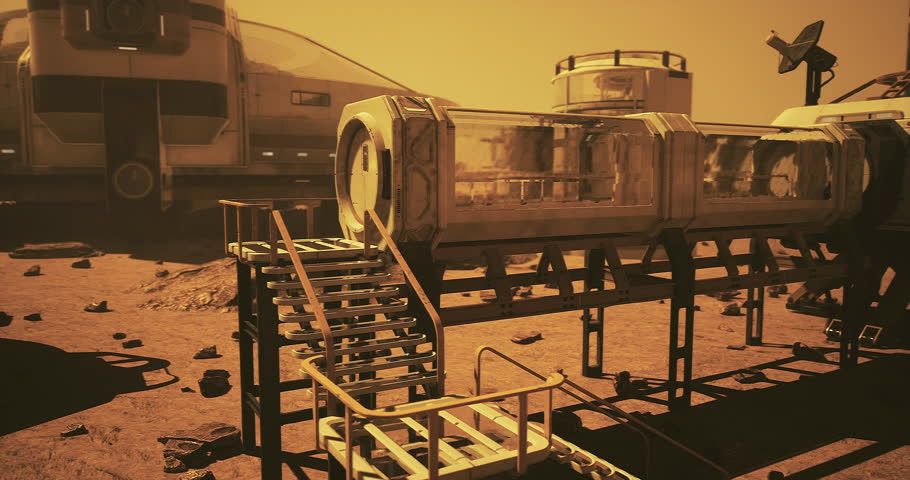 A unique habitat structure stands on the Martian surface, featuring a clear tube section and a sturdy stairway leading up. The reddish ground is scattered with rocks, highlighting the alien landscape.
