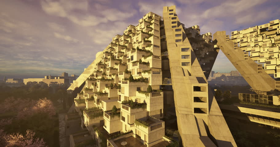 A striking building features angular forms and greenery, set against a vibrant sunset sky. This urban structure showcases innovative design and environmental integration.