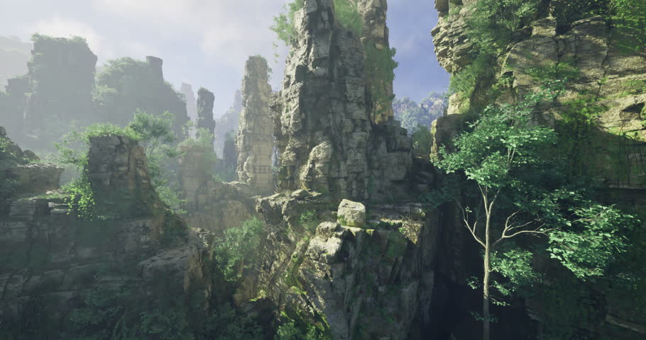 Breathtaking rock formations rise dramatically from the earth, enveloped in rich greenery and mist. Sunlight breaks through the foliage, creating an enchanting atmosphere in this natural wonder.