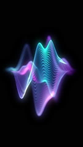 Colorful neon audio waveform with blue cyan and magenta glowing layered frequency lines on deep black background. Close Up Futuristic sound spectrum style abstract wave music visuals, vertical loop