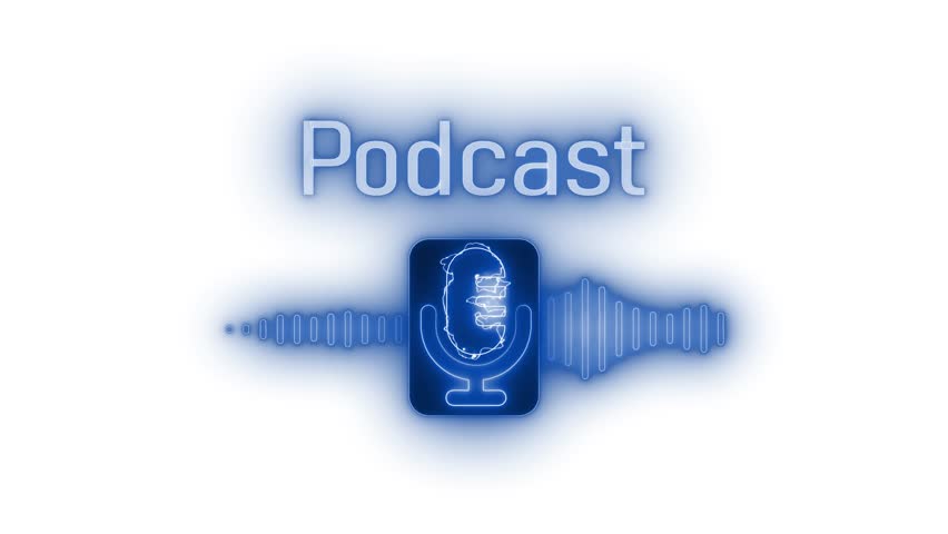 Stylized Podcast Graphic with Microphone Icon Animation, A stylized graphic featuring the word Podcast in bold letters above a microphone icon