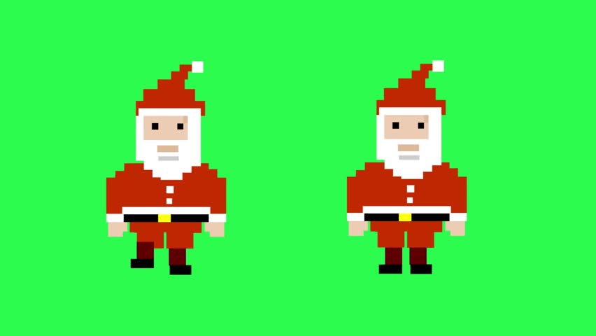 Pixel art style animation with two Santa Clauses moving on a green background, art, 2D.