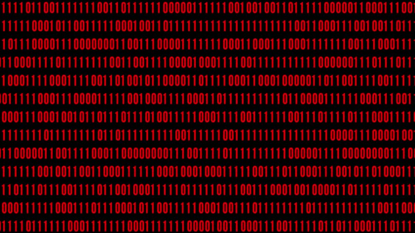 A dense matrix of red binary code, composed of ones and zeros, displayed in uniform rows against a stark black background.