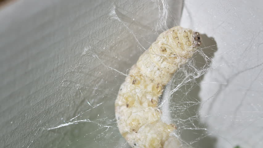 Silkworm Spinning Cocoon with Silk Threads – Macro Close Up