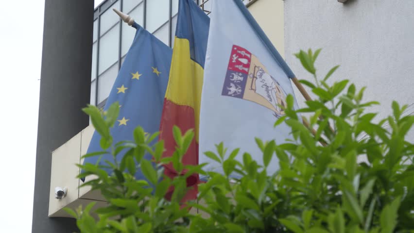 Flags of the European Union, Romania, and the University of Bucharest.