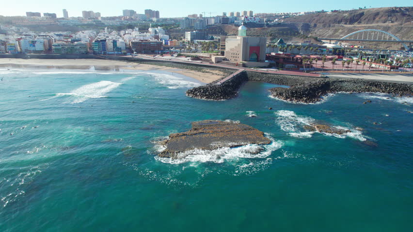 Aerial perspective of Las Palmas de Gran Canaria city with its famous beach and auditorium