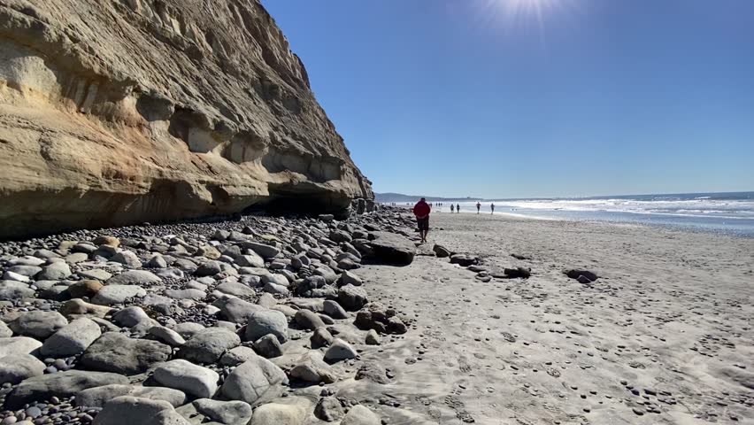 Scenic Sandstone Cliffs and People Walking on Southern California Beach Coast. Panoramic view of towering sandy cliffs and boulders. People stroll along the Pacific shore under a bright sun. A peaceful atmosphere with a majestic ocean horizon and relaxing mountain views.
