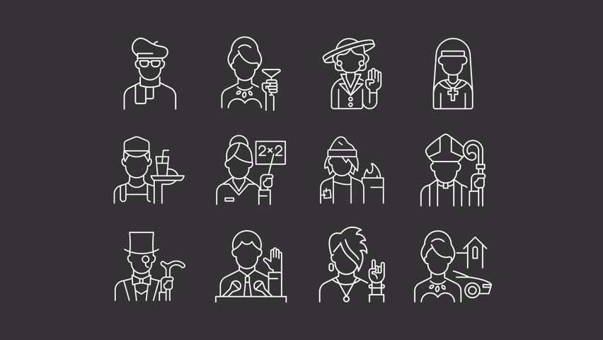 Animated social status white line icons. Society classes animation set. Rich and poor people. Society structure research. Culture. Isolated elements on dark background. Alpha channel HD video