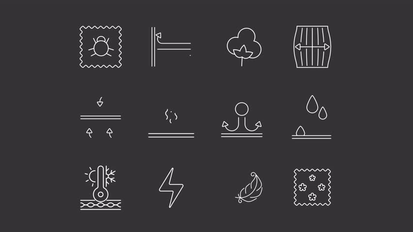 Animated fabric feature white line icons. Cloth comfort animation set. Temperature resistant. Waterproof materials. Antistatic textile. Isolated elements on dark background. Alpha channel HD video