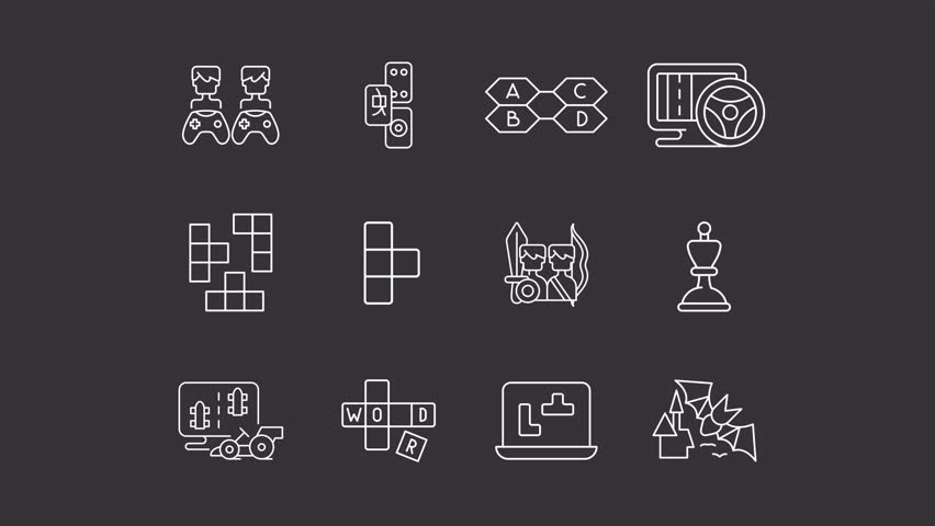 Animated online games white line icons. Tabletop and virtual quests walkthrough animation set. Having fun playing together. Hobby. Isolated elements on dark background. Alpha channel HD video