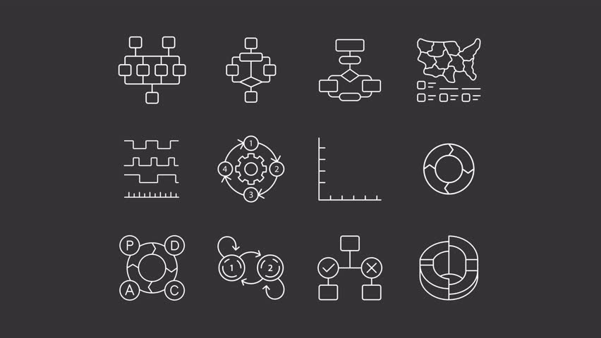Animated diagrams white line icons. Statistical charts of data processing animation set. Corporate analytics processes. Organization. Isolated elements on dark background. Alpha channel HD video