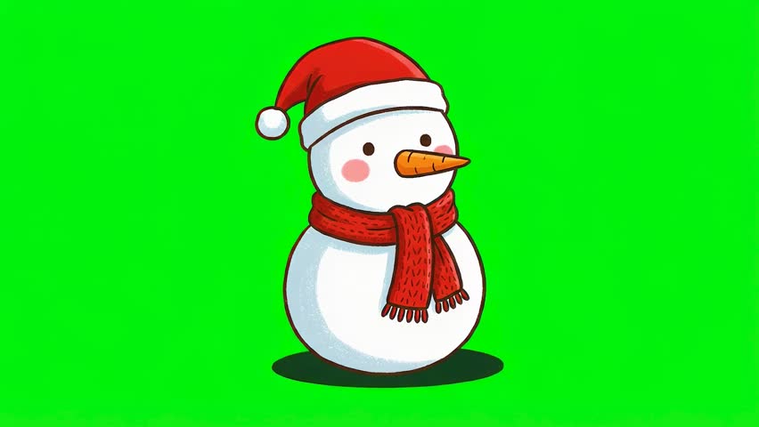 Charming illustration of a happy snowman wearing a red Santa hat and a matching red knitted scarf, set against a bright green screen background for easy keying. Perfect for holiday video projects.