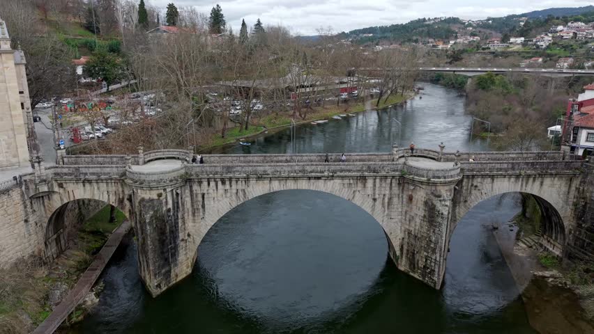 River Tamega connecting Sao Gonçalo catholic church, Amarante city, Aerial