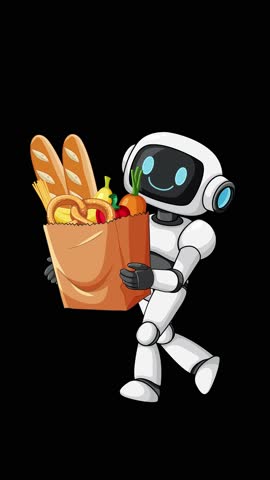 Cartoon robot walks smoothly holding grocery bag with food, isolated on black, vertical animation