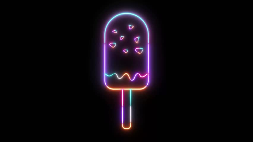 Neon Glow Ice Cream Popsicle Animation on Black Background, Colorful Futuristic Frozen Dessert Icon with Luminous Light Trails, Sweet Summer Treat Illustration, Vibrant Neon Line Art Design
