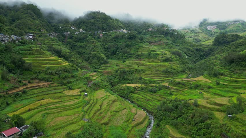 Grounded aerial shot of the Banaue Rice Terraces in Ifugao, Philippines, showing tiered green paddies under heavy clouds and misty mountain peaks.