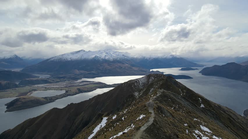 Aerial view of Lake Wanaka and mountains from Roys Peak, South Island, New Zealand