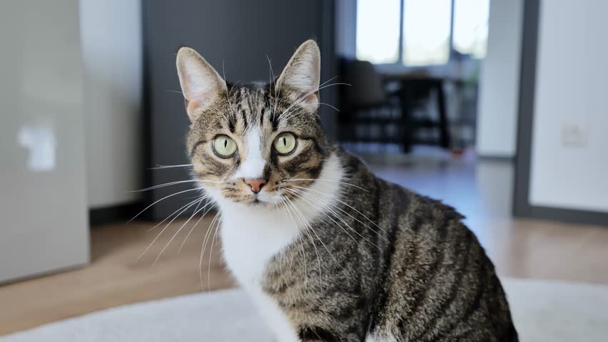 Domestic tabby cat looks alert and focused inside clean contemporary interior