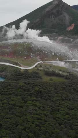 Vertical Volcanic Landscape Aerial Mount Kirishima Japan with Steam, Mountains in Kyushu