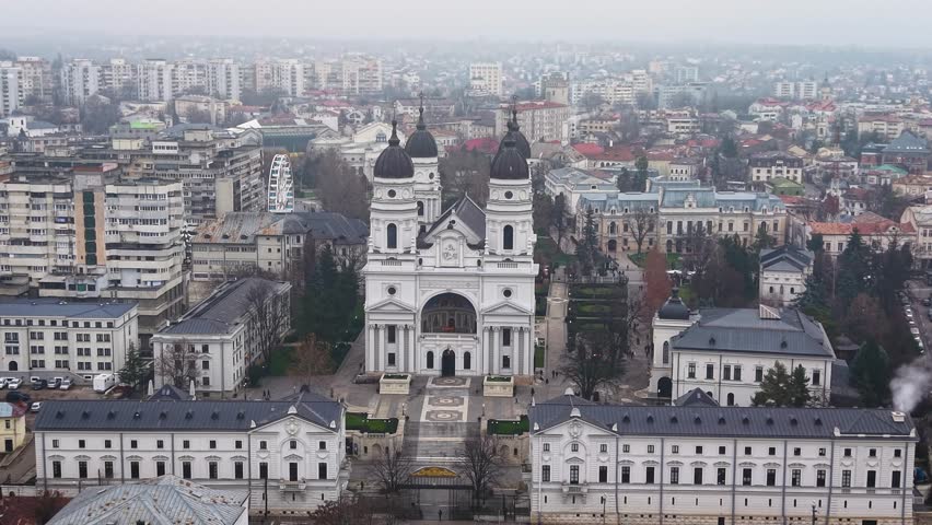 Aerial view of Iași Metropolitan Cathedral with domes in central cityscape, Romania