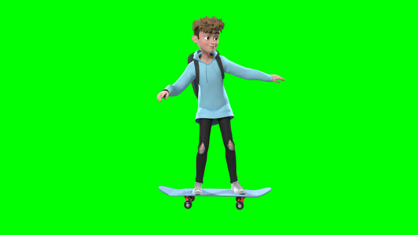 3D Teen Boy Skateboarding Green Screen. 3D teenage boy performing skateboarding action on green screen, isolated character for advertising, motion graphics, sports promo, youth lifestyle projects