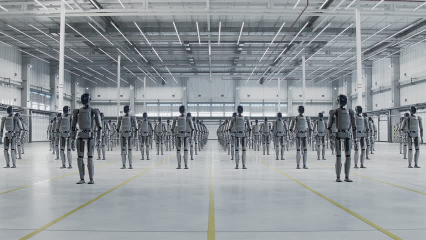 3D Animation: Dolly in Shot of Rows of Autonomous AI-Powered Humanoid Robots. A Batch of General Purpose Industrial Robots Standing in a Hangar. AI-Driven Industrial Automation Concept.