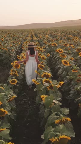 Aerial back follow view isolated Young caucasian woman in white dress and hat walking through scenic blooming sunflower field during golden sunset. Concept wellness and freedom countryside lifestyle