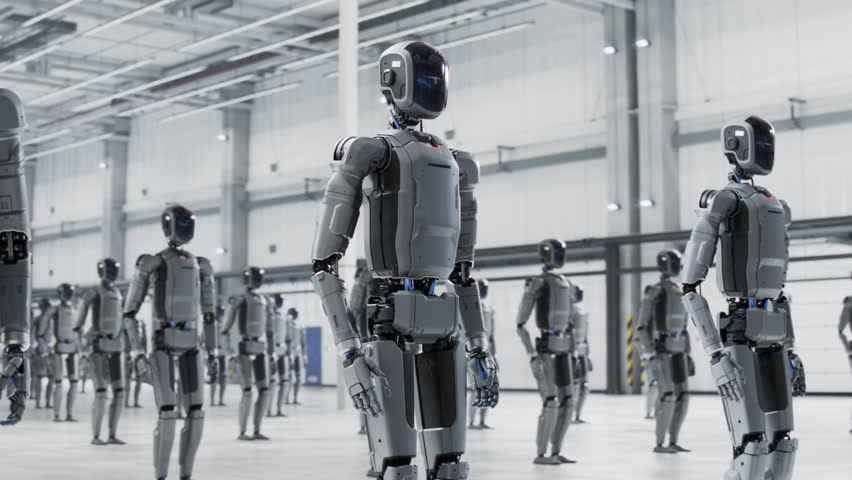 3D Animation: Orbit Shot Autonomous AI-Powered Humanoid Robot that is Standing in a Hangar. A Batch of General Purpose Industrial Robots in Storage. AI-Driven Industrial Automation Concept.